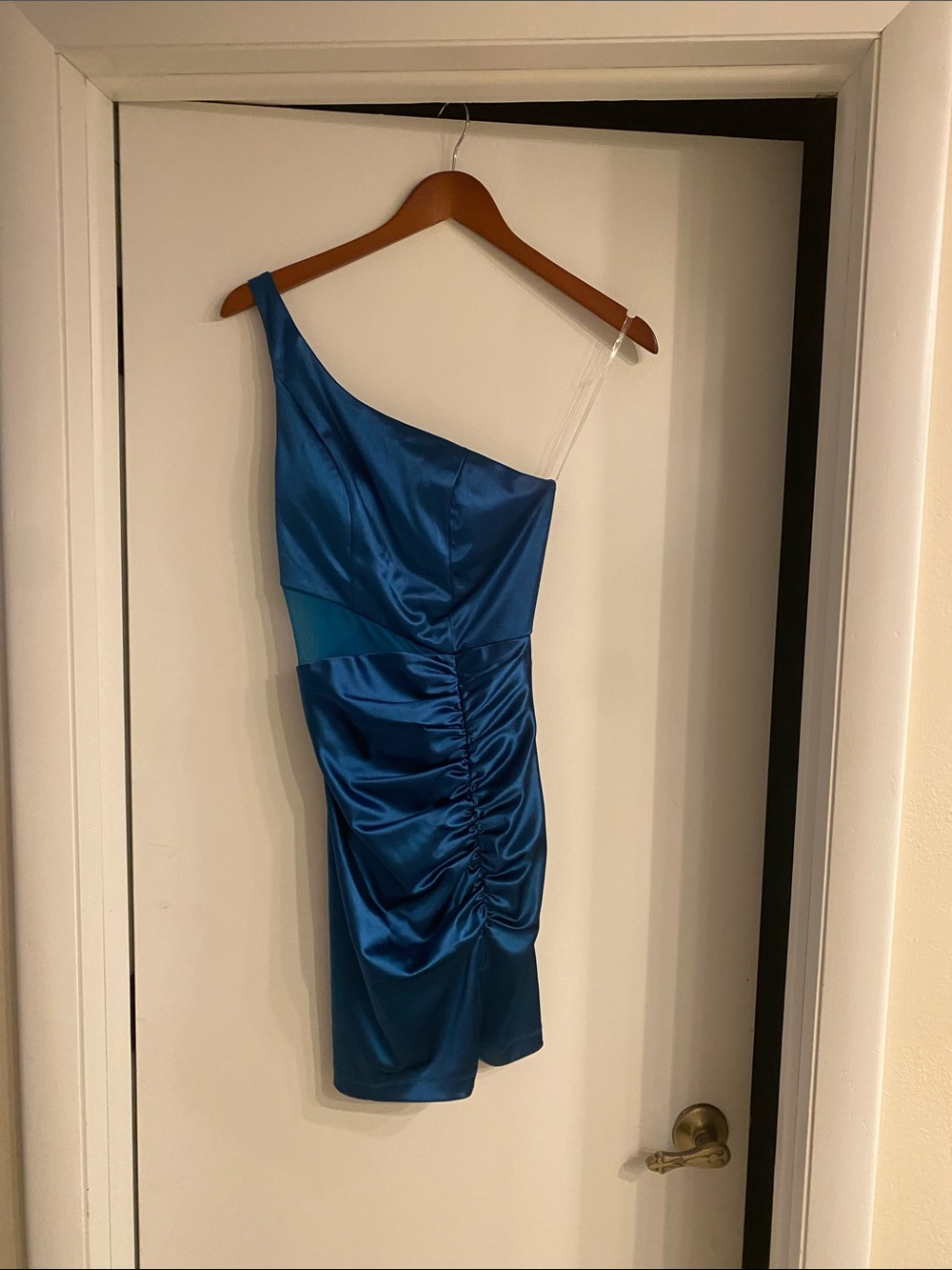 Honey and Rosie One-Shoulder Satin Ruched Dress in Teal